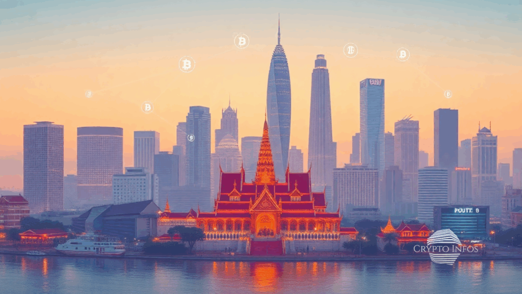 Executive style digital illustration of a futuristic Bangkok skyline in 2025